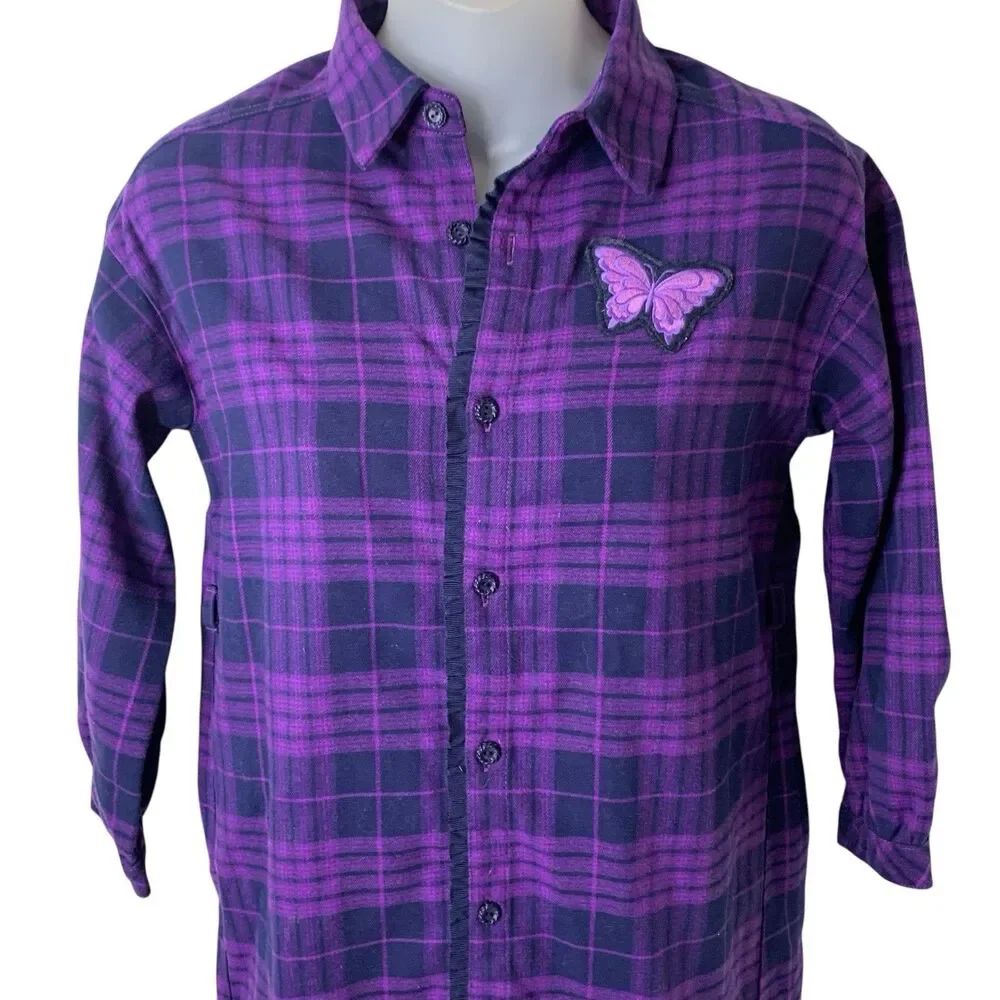 Anna Sui Mini Girls 12Y L Purple Plaid Shirt Dress Butterfly Embroidered Ruffle